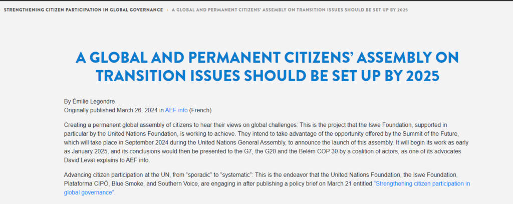 A global and permanent citizens’ assembly on transition issues should be set up by 2025